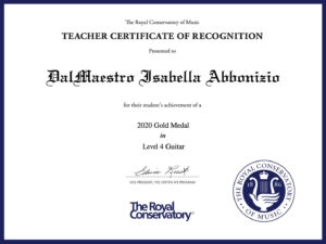 The Royal Conservatory Certificate of Teacher Recognition to Isabella Abbonizio from DalMaestro